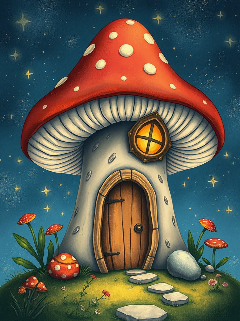 this picture is illustration of a mushroom house with a door and a window, a storybook , fantasy art, mushroom house, bg starry sky, sparkles