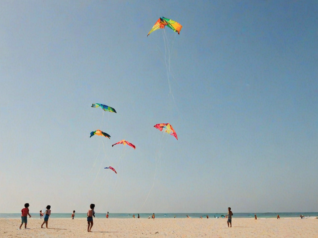 Soft-focus image of a row of colorful kites flying high in a clear blue sky, with a sunlit beach softly blurred in the distance, children playing in the sand.