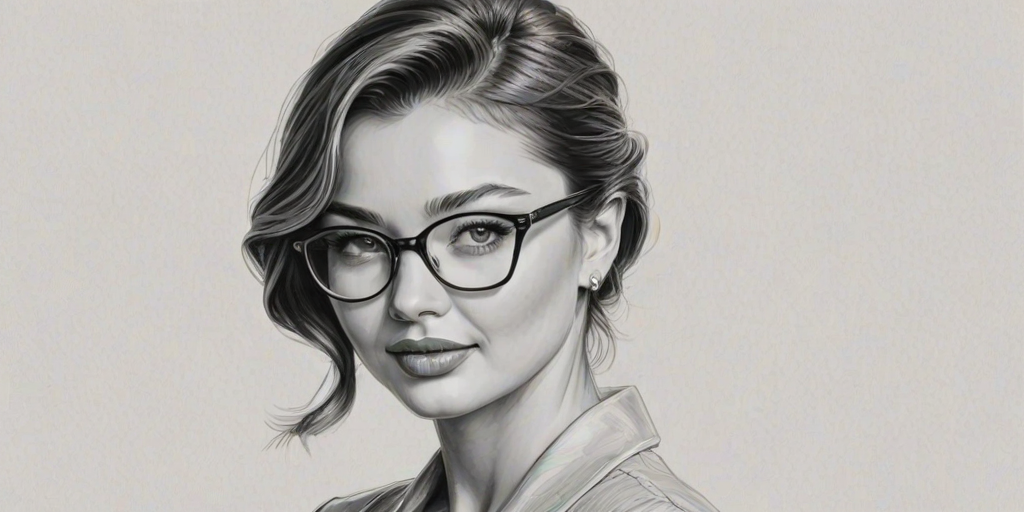 Alluring Miranda Kerr, pencil sketch, portrait of Pleasing woman 1953s in glasses, hair style beatnik, outline, clear lines, fine lines, 8k