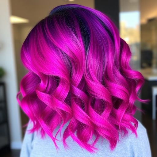 Bold magenta to purple ombré titled "Cosmic Fusion" styled in voluminous curls with a side-swept part and shimmering glitter accents throughout