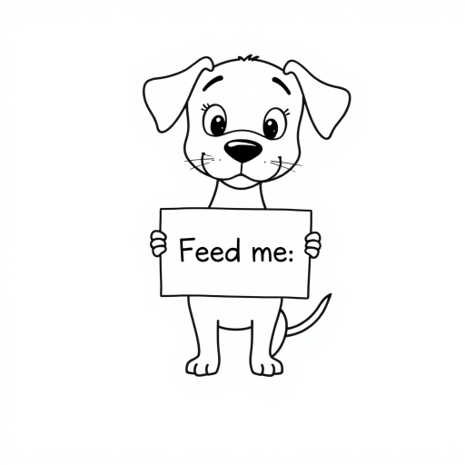 A minimalist cartoon of a PUPPY standing on a blank white background, holding a sign that simply says, 'Feed me.' The puppy is drawn with just a few lines: big eyes, whiskers, floppy ears, and a straight tail, giving it a comically desperate expression.