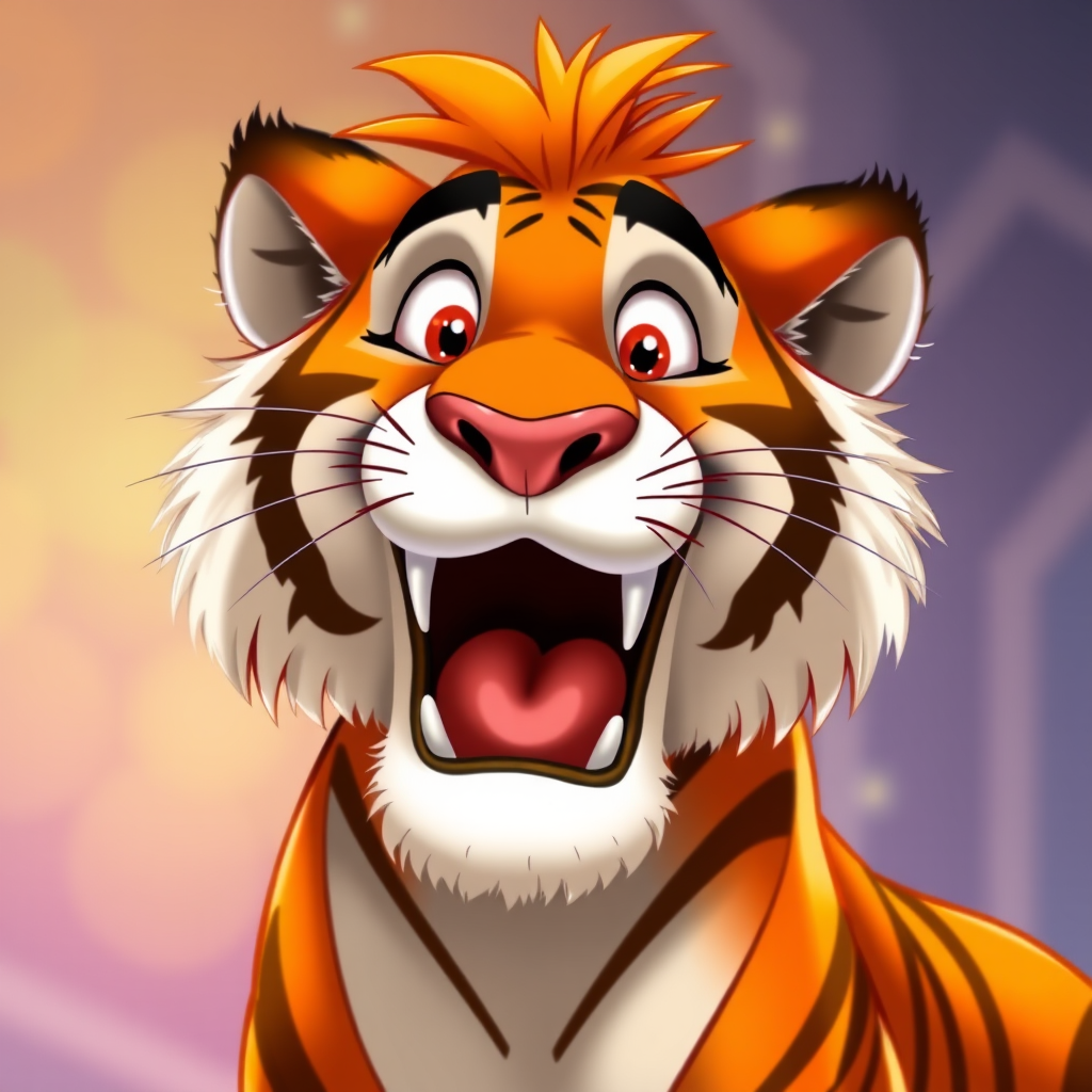 Disney style, cartoon illustration of an orange and white tiger with messy hair smiling very wide open mouth showing, in the Disney Pixar animation style, in the style of Don Bluth, full teeth body, with a very detailed face, very detailed eyes, very detailed fur, full color, very colorful, with a very colorful background, soft pastel colors, high resolution, high quality, high detail, hyper realistic