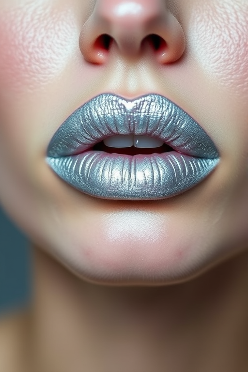Chic "Platinum Frost" lip style features a cool-toned silver base with a frosted finish, creating a sleek, futuristic look that's both edgy and sophisticated