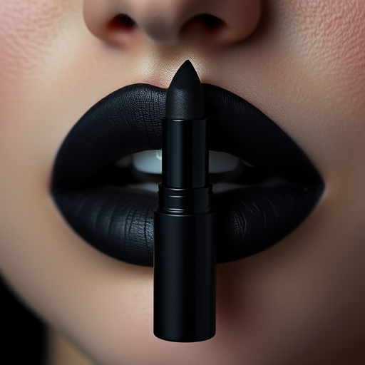 Intense "Ink Noir" liquid matte lipstick in deepest black, ultra-pigmented and smudge-proof formula, creating dramatic and gothic-inspired looks