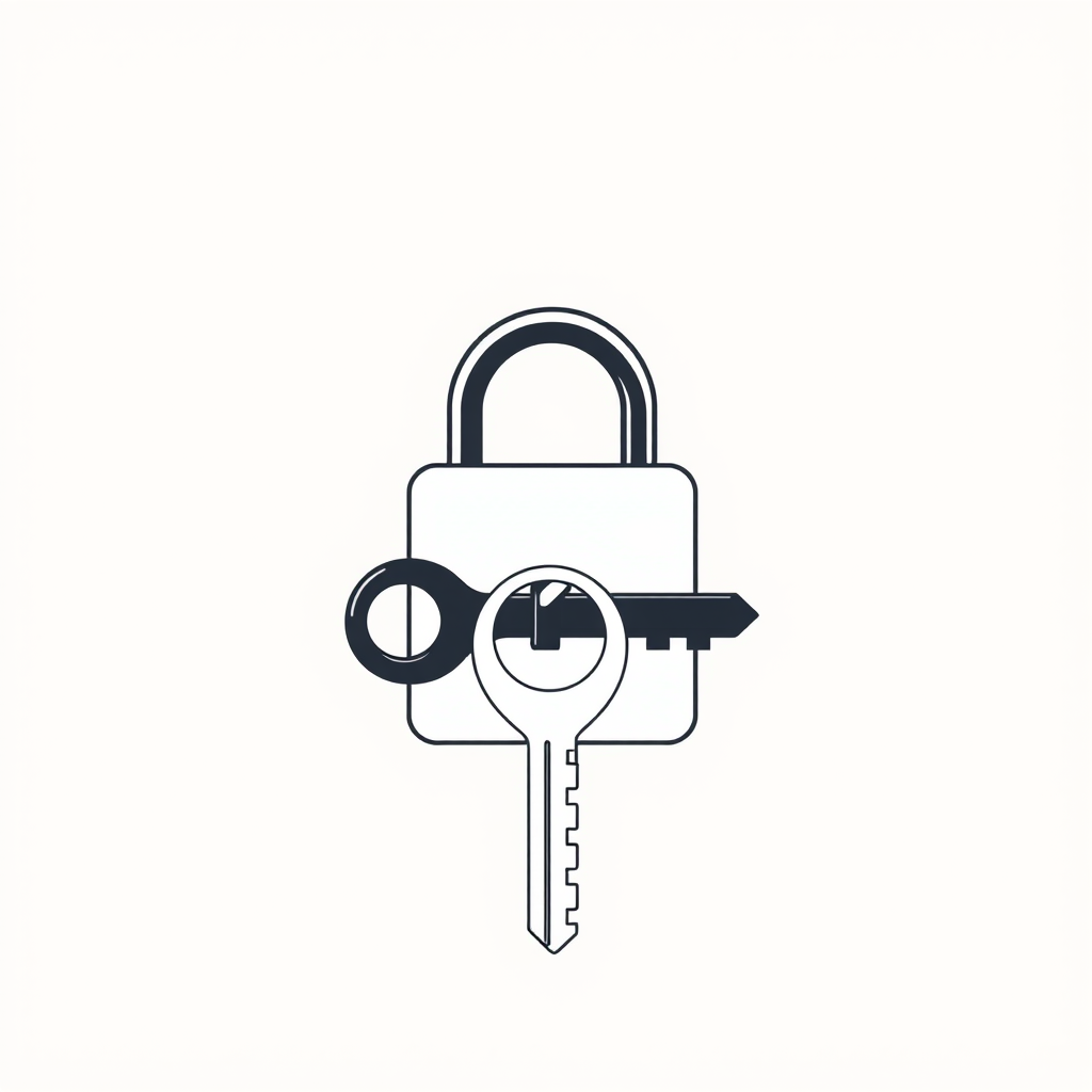 Create a high-resolution vector illustration of a stylized key and padlock in a minimalistic design, using a wide-angle lens effect, f/8 aperture, ISO 100, and soft natural lighting to enhance detail and clarity.