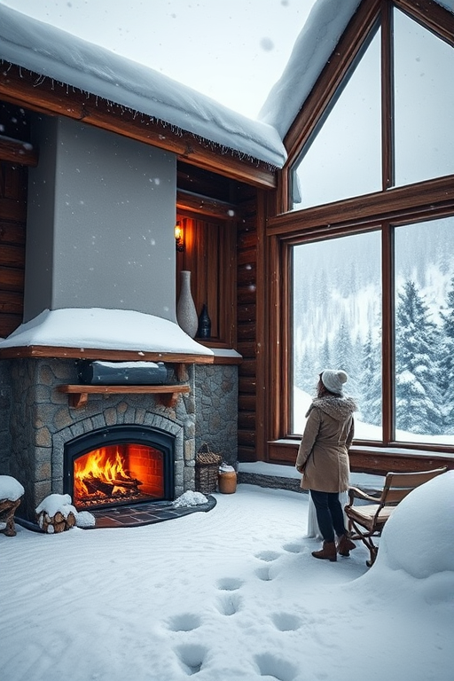 Snowy mountain lodge, the fireplace inside crackling, as a woman stands by the large windows, watching the snowfall quietly outside.