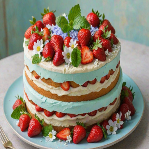 Create an image of a two-tiered cake decorated with fresh strawberries and mint leaves. The cake should have a smooth white icing, and the layers should be visible, showcasing a filling of strawberries. Add some edible flowers for an elegant touch, and place the cake on a light blue plate against a soft pastel background.