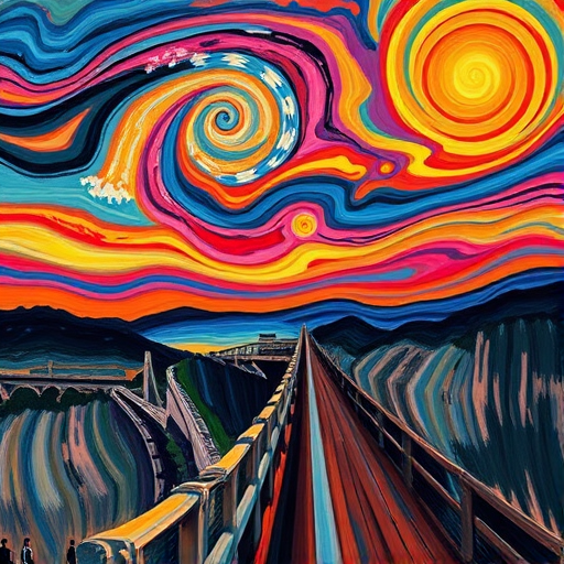 Regenerate an abstract, colorful reinterpretation of Edvard Munch's The Scream with vibrant swirling skies in bright hues, featuring a bridge with figures in the background, using a DSLR camera at f/2.8, ISO 100, 1/250 sec, with a wide-angle lens and a high dynamic range style for enhanced detail and saturation.