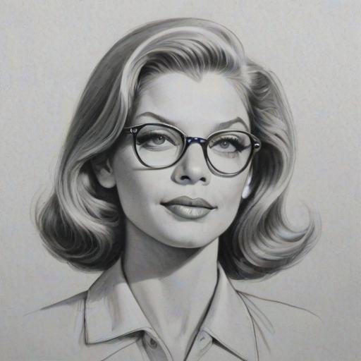 Lovely Lauren Bacall, pencil sketch, portrait of Enticing woman 1968s in glasses, hair style beatnik, outline, clear lines, fine lines, 8k