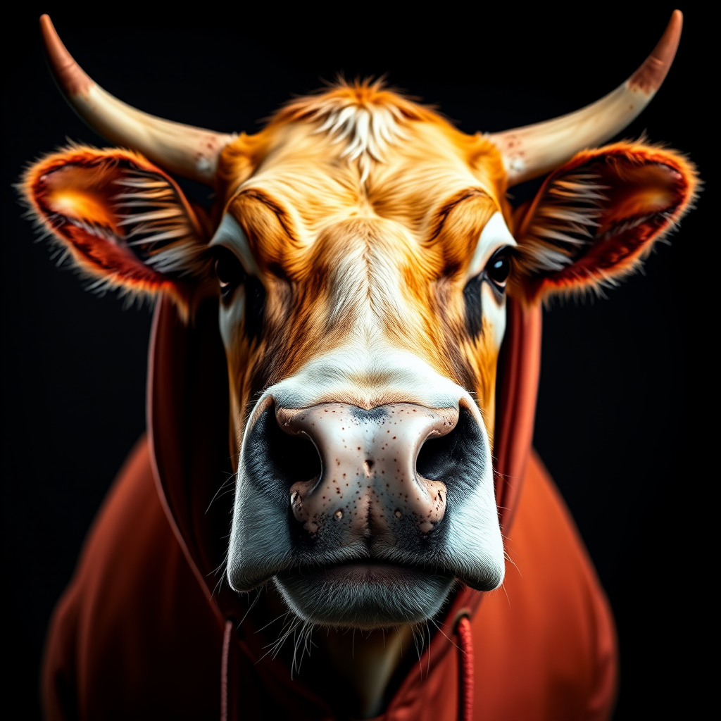 A close-up portrait of a cow wearing a hoodie, vibrant colors, high contrast, studio lighting, 85mm lens, f/1.8 aperture, ISO 100, shot from eye level, digital camera.
