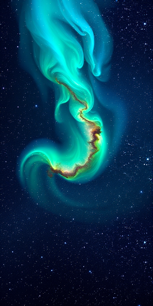 Generate a high-resolution image of a vibrant galaxy scene with swirling green and blue nebulae, scattered bright stars, and a rich cosmic backdrop using a DSLR camera, 24mm lens, f/2.8 aperture, ISO 1600, and a long exposure of 15 seconds for enhanced detail and light capture.