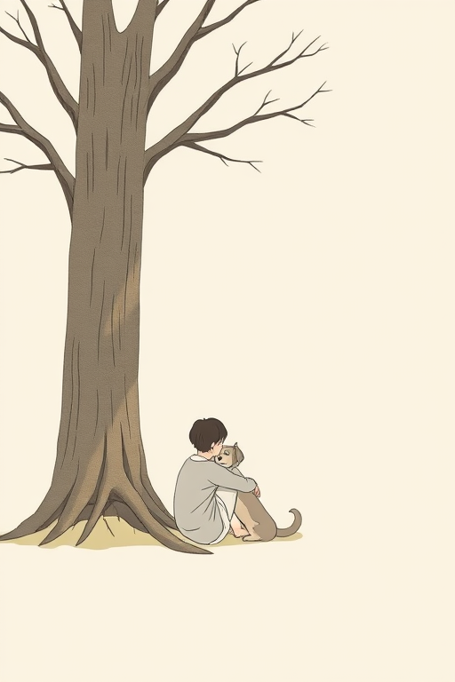 A minimalist illustration of a person sitting against a tree with a dog, featuring soft, muted colors and simple line art, with a focus on gentle shadows and a calm atmosphere, captured with a high-resolution digital camera at f/4 aperture, 50mm lens, ISO 100, and natural lighting for enhanced clarity and detail.