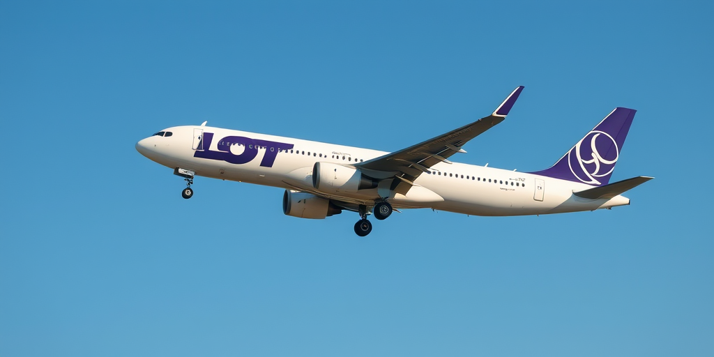 regenerate an image of a LOT Airlines aircraft, capturing the plane in a dynamic takeoff pose against a clear blue sky, use a DSLR camera set to f/8, ISO 100, shutter speed 1/500s, shot from a 45-degree angle view, with a focal length of 100mm to enhance image quality and detail.