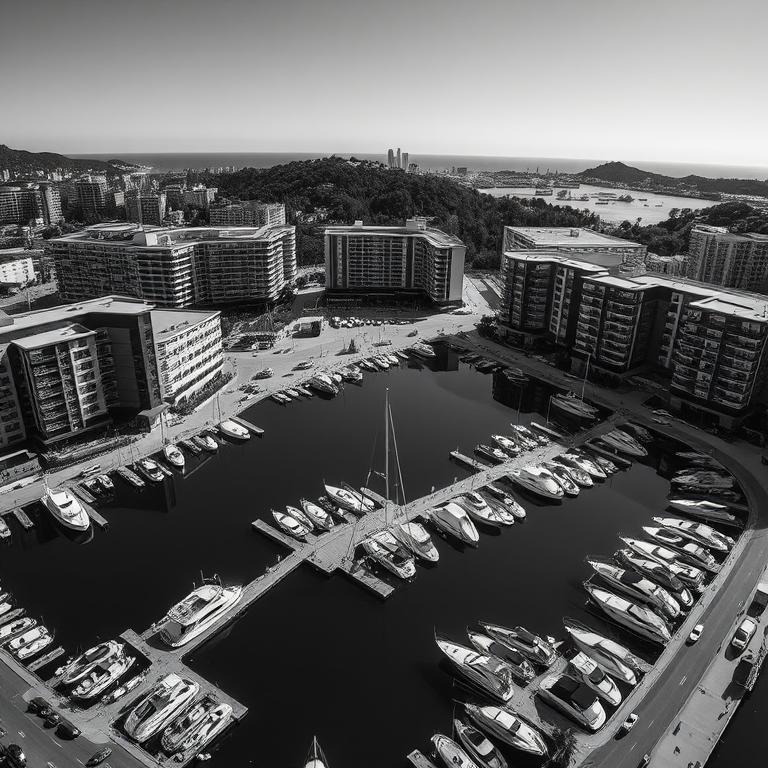 Generate a high-contrast black and white image of a marina surrounded by modern buildings with boats docked, shot with a DSLR camera at f/8 aperture, ISO 200, 24mm lens, from a high vantage point to capture a panoramic view with sharp details and enhanced textures.