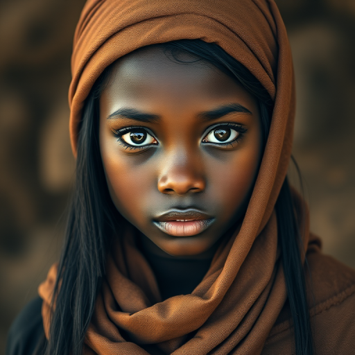 Create a portrait of a young Zulu female with long, dark hair and captivating hazel eyes. She is wearing a brown headscarf and a matching scarf draped gracefully around her neck. The background is softly blurred, focusing attention on her serene and natural expression. The overall color palette is muted and warm, enhancing the intimate and authentic feel of the portrait.