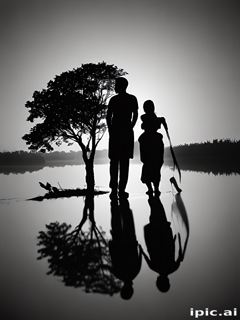 Silhouetted Couple Standing Together by a Tranquil Lake at Dusk