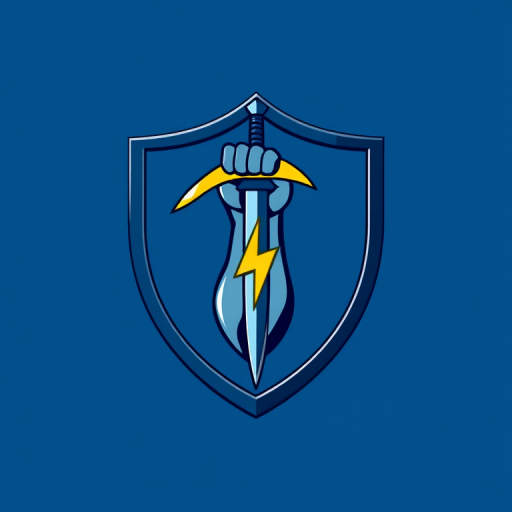 Create a digital illustration of a shield emblem featuring a stylized arm wielding a sword and lightning bolt on a blue background, using a 50mm lens, f/2.8 aperture, and a soft focus effect to enhance sharpness and color vibrancy.
