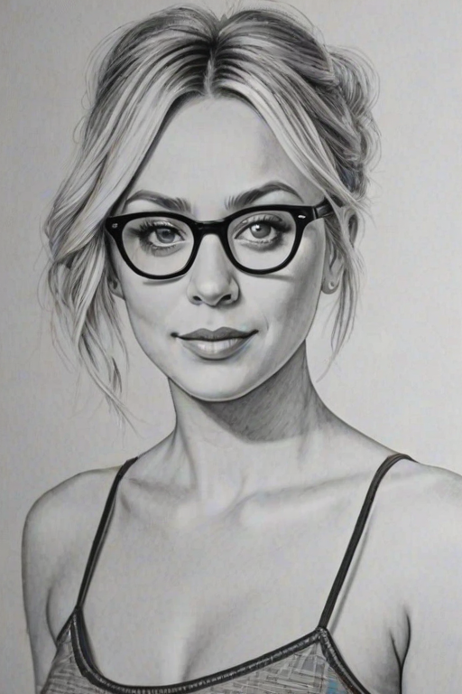 Radiant Kaley Cuoco, pencil sketch, portrait of Resplendent woman 1954s in glasses, hair style beatnik, outline, clear lines, fine lines, 8k
