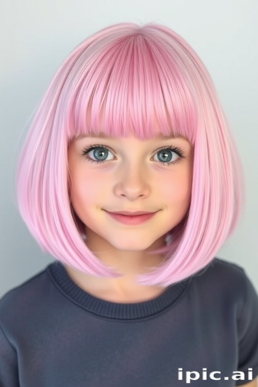 Playful bubblegum pink bob with blunt bangs and subtle lilac highlights, creating a whimsical and youthful appearance in the charming "Cotton Candy Dream" cut