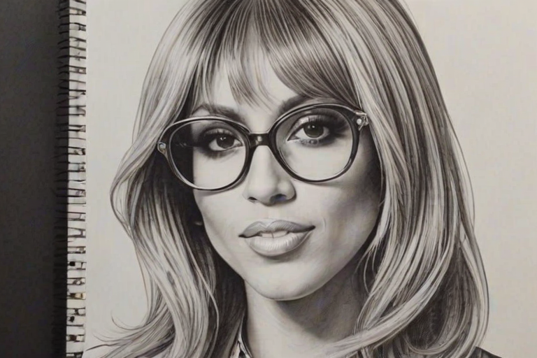 Gorgeous Cathy Guetta, pencil sketch, portrait of Superb woman 1972s in glasses, hair style beatnik, outline, clear lines, fine lines, 8k
