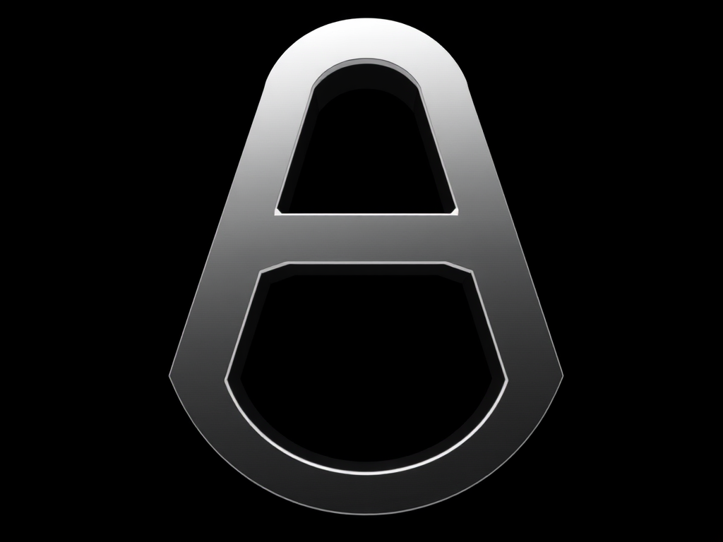 Create a 3D render of a sleek, modern logo featuring a stylized letter 'A' in silver on a black background, with soft shadows and a slight reflection to enhance depth, using a 50mm lens, f/1.8 aperture, ISO 100, and a 1/125 sec shutter speed in a studio setting.