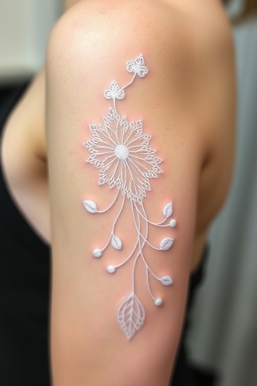 Ethereal white ink tattoo featuring delicate lace-like patterns and flowing organic shapes, subtle contrast against skin tone, intricate details visible upon closer inspection, elegant and feminine design