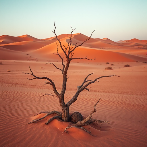 Create a high-resolution image of a desolate desert landscape featuring a dry tree in the foreground, with rolling sand dunes in the background, captured with a DSLR camera at f/11, ISO 100, 1/200s, using a wide-angle lens at a low angle to enhance depth and detail in the scene.