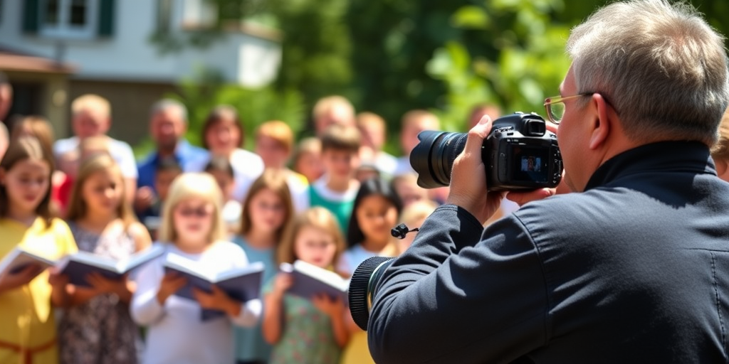 Capture a vibrant outdoor choir performance scene with children singing, using a DSLR camera with a 50mm lens, aperture f/2.8, shutter speed 1/500s, ISO 100, in bright daylight, with a shallow depth of field to focus on the choir leader and the children, ensuring the background is softly blurred for emphasis.