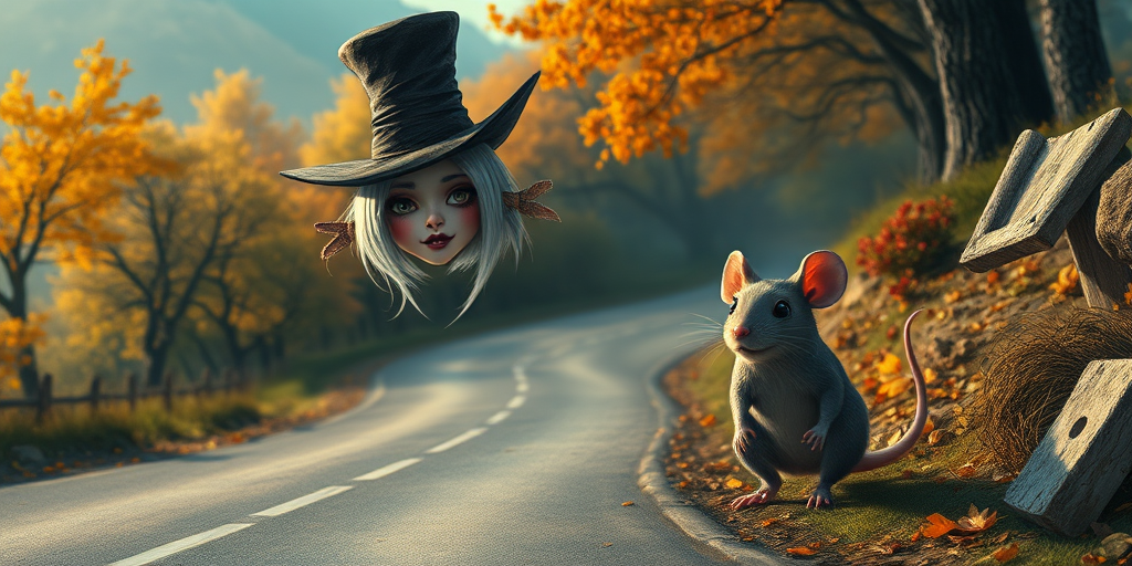 digital art fantasy depicting a strange girl with white hair, long eyelashes, black lipstick and a tall hat walking along a winding road on an autumn afternoon, an Rat smiles as she passes