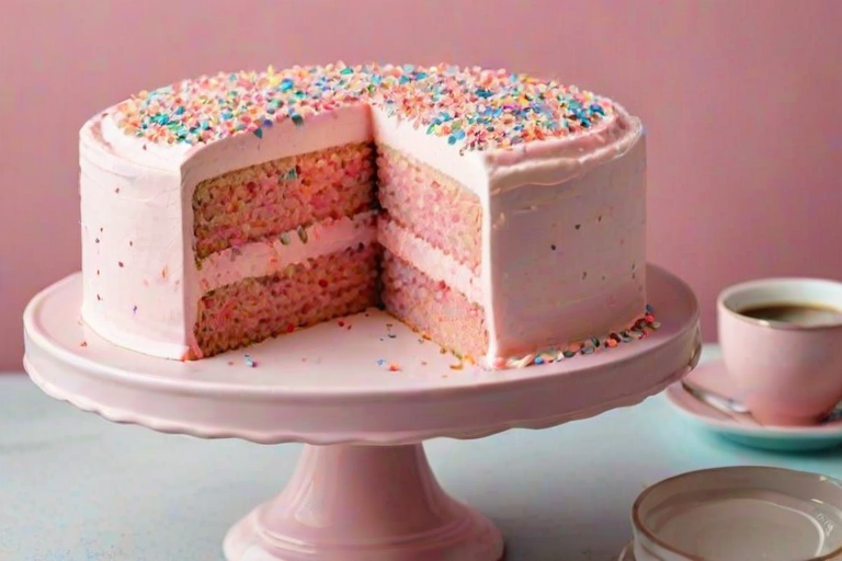 Create an image of a round pink cake with a smooth frosting and decorative sprinkles on top. A slice has been cut out, revealing layers of cake inside. Place the cake on a white cake stand, and include a small cup of coffee and a plate with a slice of cake next to it. Use a soft, pastel background with light colors to enhance the overall aesthetic.