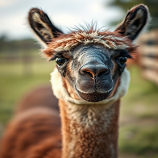 Capture a high-resolution portrait of an alpaca with a shallow depth of field, using a 50mm lens at f/1.8, ISO 200, and a shutter speed of 1/200 sec, taken with a DSLR camera from a slightly low angle to emphasize facial features against a soft blurred background.