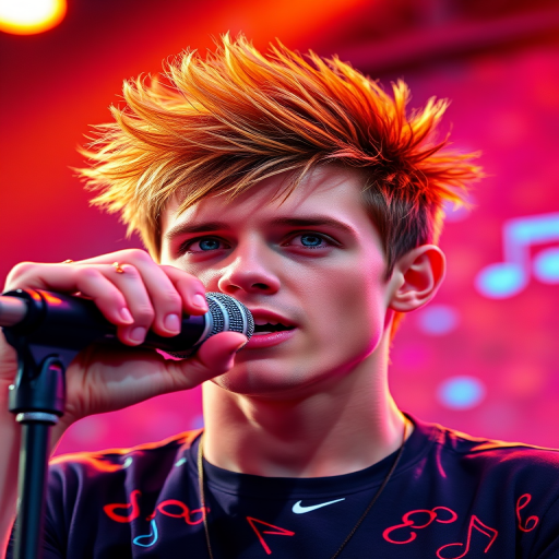 Create a vibrant, high-resolution portrait of a young male singer with bright, spiky hair and striking blue eyes, passionately singing into a microphone on a colorful stage filled with dynamic music notes, with a shallow depth of field, using a DSLR camera set to ISO 200, aperture f/1.8, and a focal length of 50mm, capturing the energy of a live performance in vivid detail.