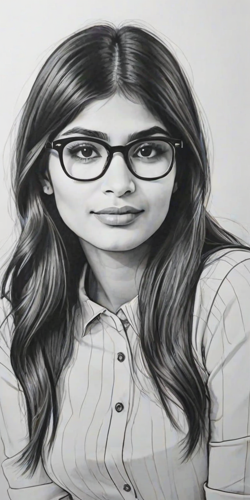 hot mia khalifa, pencil sketch, portrait of beautiful woman 60s in glasses, hair style beatnik, outline, clear lines, fine lines, 8k
