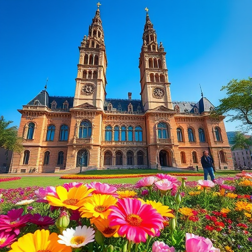 Regenerate an image of a grand historical building with a tall clock tower, surrounded by vibrant flower beds on a sunny day, using a DSLR camera with a 24mm lens, f/8 aperture, ISO 100, and a low-angle view to capture the foreground flowers in detail.