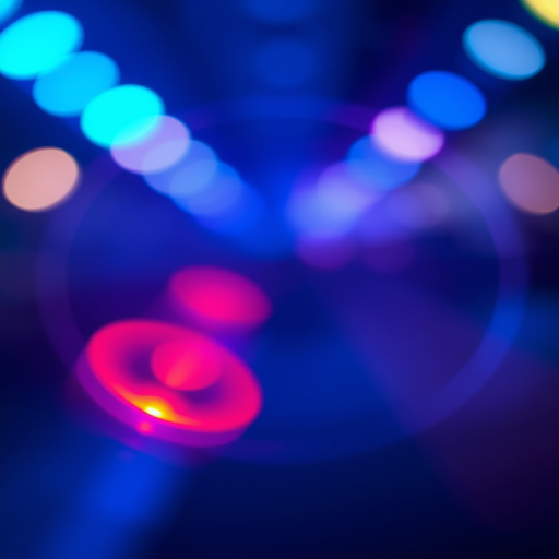 Generate a vivid blue light background with circular lens flares, using a Canon EOS R camera, 50mm lens, aperture f/1.8, ISO 100, with a soft focus effect and vibrant colors.