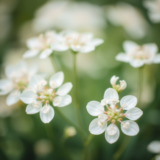 Create an image of delicate white flowers in a soft focus style, shot with a DSLR camera at f/2.8 aperture, 50mm lens, ISO 200, with a shallow depth of field, capturing a light and airy background.