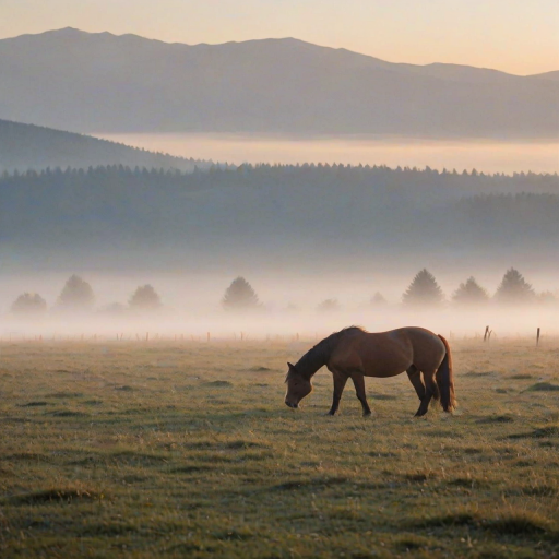 Softly focused photo of a lone horse grazing in a fog-covered meadow at dawn, soft morning light casting a serene atmosphere, with distant mountains barely visible through the mist.