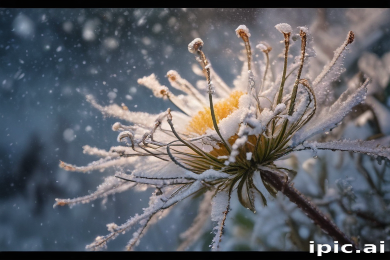 Delicate Winter Flower Covered in Snowflakes Against a Soft Blue Background