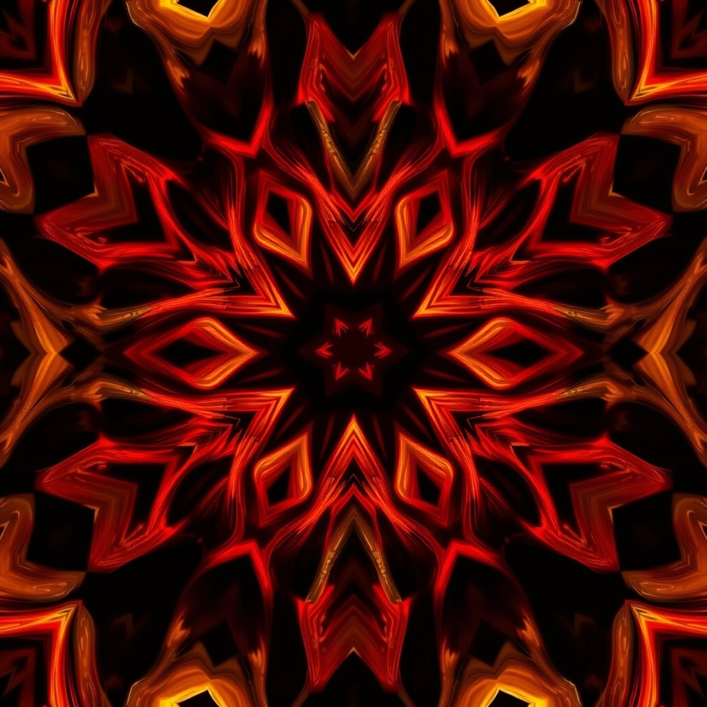 regenerate an intricate symmetrical pattern with vibrant red, orange, and yellow swirling lines on a dark background, using a high-resolution digital camera, f/2.8 aperture, ISO 100, 1/60s shutter speed, top-down view, and soft focus style to enhance depth and clarity