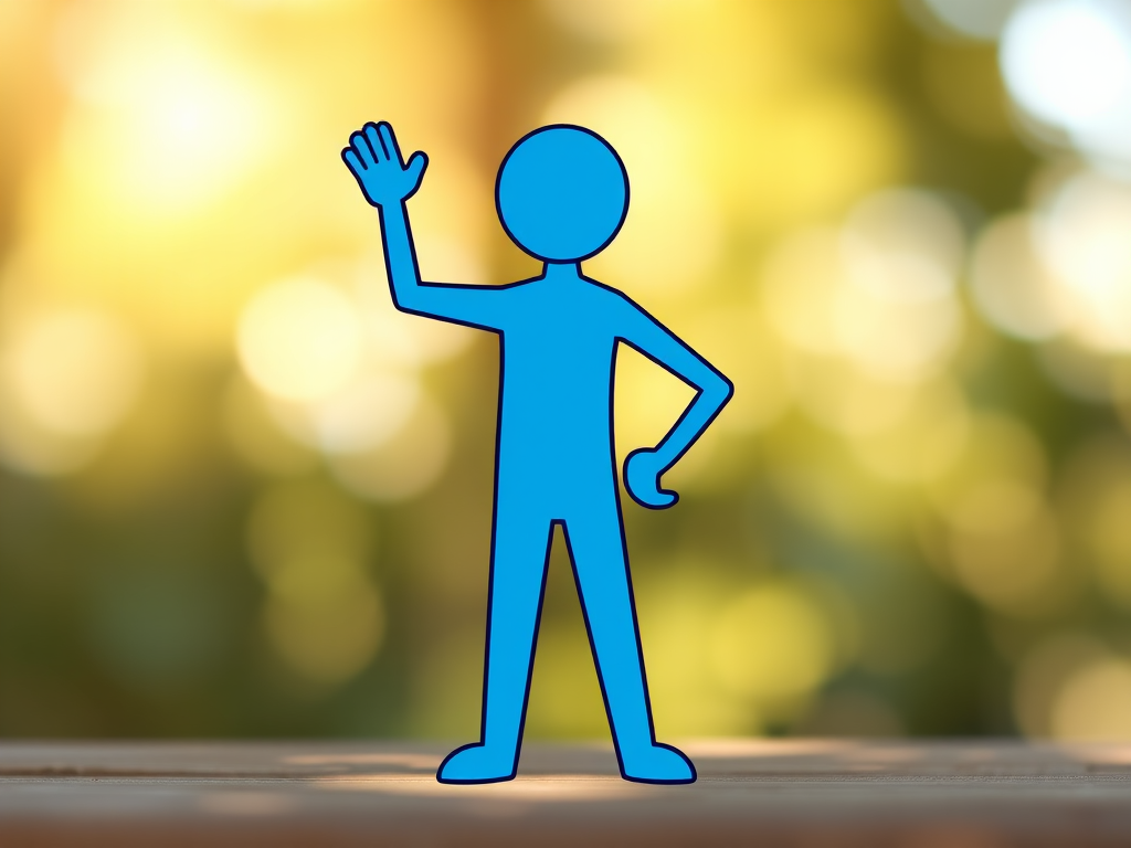 Create a vibrant illustration of a blue stick figure standing confidently with one hand raised, using a high-resolution digital camera with a 50mm lens, aperture at f/2.8, ISO 100, natural backlighting, and a shallow depth of field for a smooth bokeh effect.