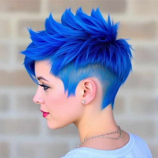 Electric blue pixie cut known as "Sapphire Spark" boasts spiky textured layers and a bold undercut design, creating a dynamic and eye-catching silhouette