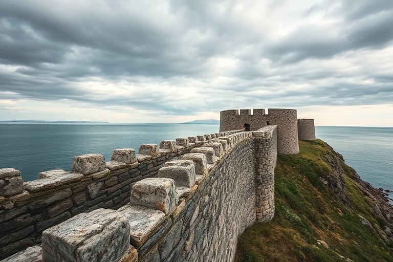 capture a stone fortress by the sea under a cloudy sky with a wide-angle lens, f/8 aperture, ISO 200, shutter speed 1/125, DSLR camera, soft natural lighting, focus on texture and details of the stone wall and surrounding landscape