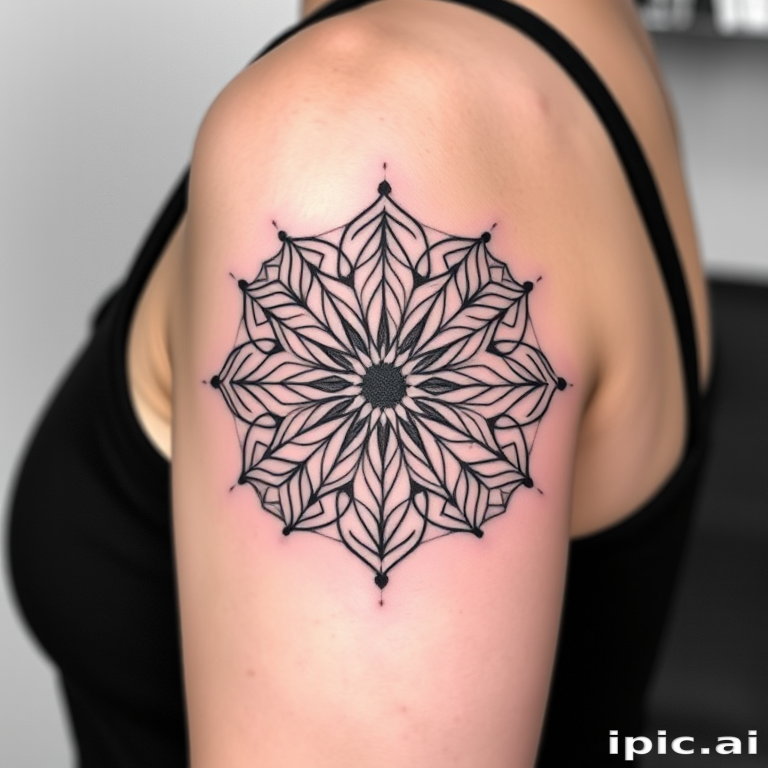 Minimalist blackwork tattoo named "Geometric Harmony" showcasing clean lines and precise angles forming an intricate mandala pattern with dotwork shading and negative space elements