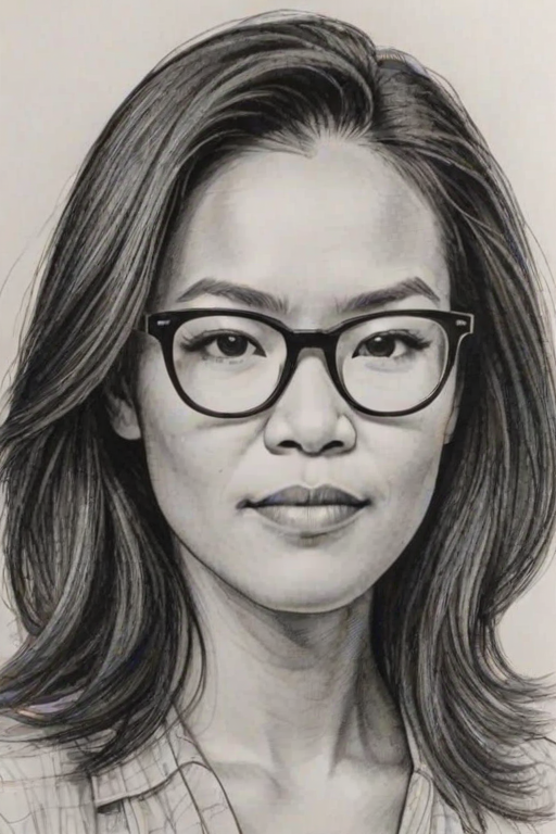 Dazzling Ali Wong, pencil sketch, portrait of Enchanting woman 1979s in glasses, hair style beatnik, outline, clear lines, fine lines, 8k