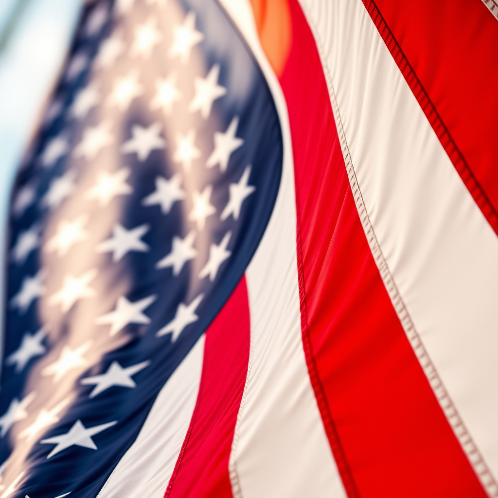 Create an image of a waving American flag with vibrant colors, using a DSLR camera with a 50mm lens, aperture set to f/8, ISO 100, and a shutter speed of 1/125s, captured from a low angle to enhance depth and texture.