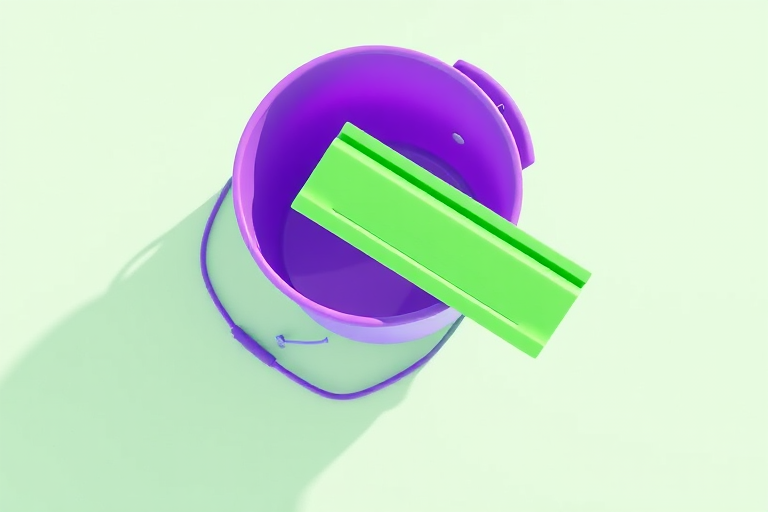 A purple bucket with a long handle and a green squeegee on a light green surface, shot with a DSLR camera at 50mm, f/2.8, ISO 100, natural lighting, overhead view, high-resolution illustration style.
