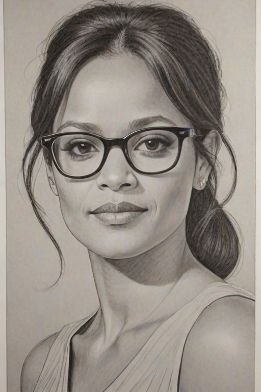 Delightful Judy Reyes, pencil sketch, portrait of Radiant woman 1967s in glasses, hair style beatnik, outline, clear lines, fine lines, 8k