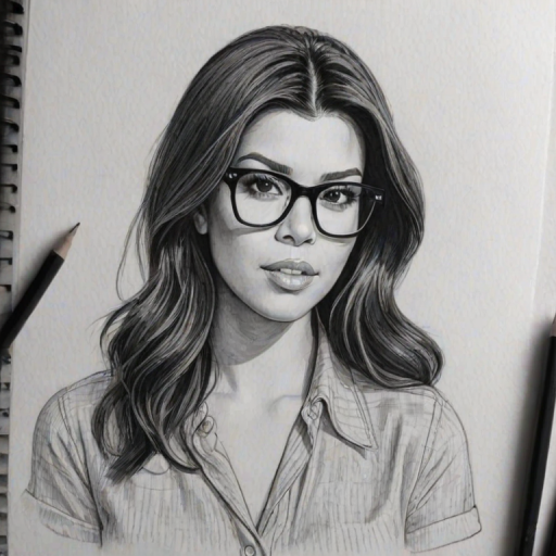 Captivating Kourtney Kardashian, pencil sketch, portrait of Superb woman 1948s in glasses, hair style beatnik, outline, clear lines, fine lines, 8k
