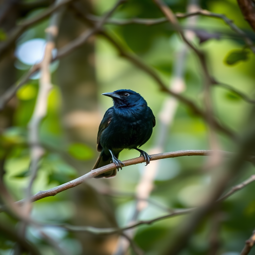 A blackbird perched on a branch surrounded by trees, captured with a Canon EOS R5, 85mm lens, f/1.8 aperture, ISO 200, shallow depth of field, in natural light with soft focus background.