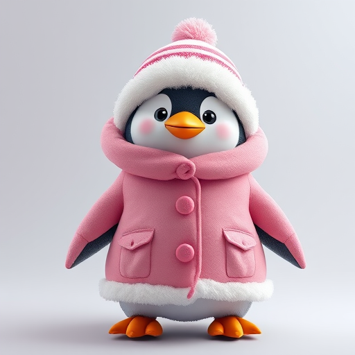 Create a cartoon-style image of a penguin wearing a pink winter coat with white fur trim and matching hat, shot with a DSLR camera at f/4 aperture, ISO 100, in a studio setting with soft lighting.